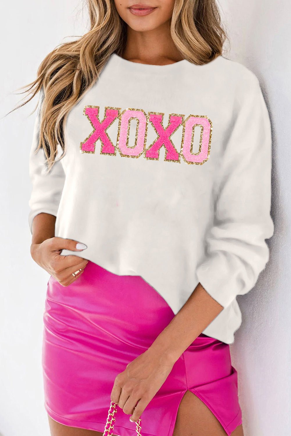 White XOXO Glitter Print Round Neck Casual Sweater - Naughty Girl Essentials