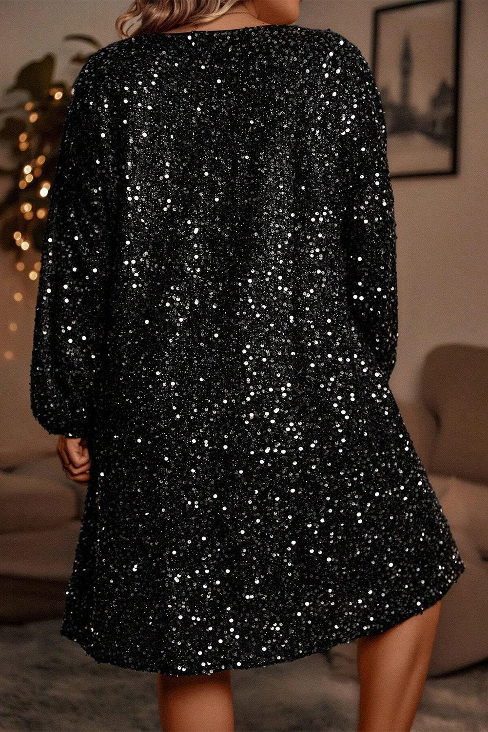 Color black Plus Size Bubble Sleeve V Neck Sequin Dress - Naughty Girl Essentials