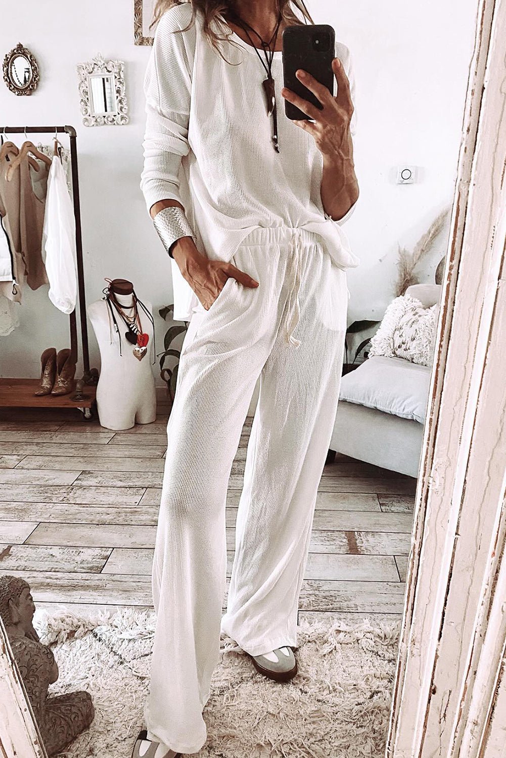 White Textured Long Sleeve T Shirt and Pants Lounge Set - Naughty Girl Essentials