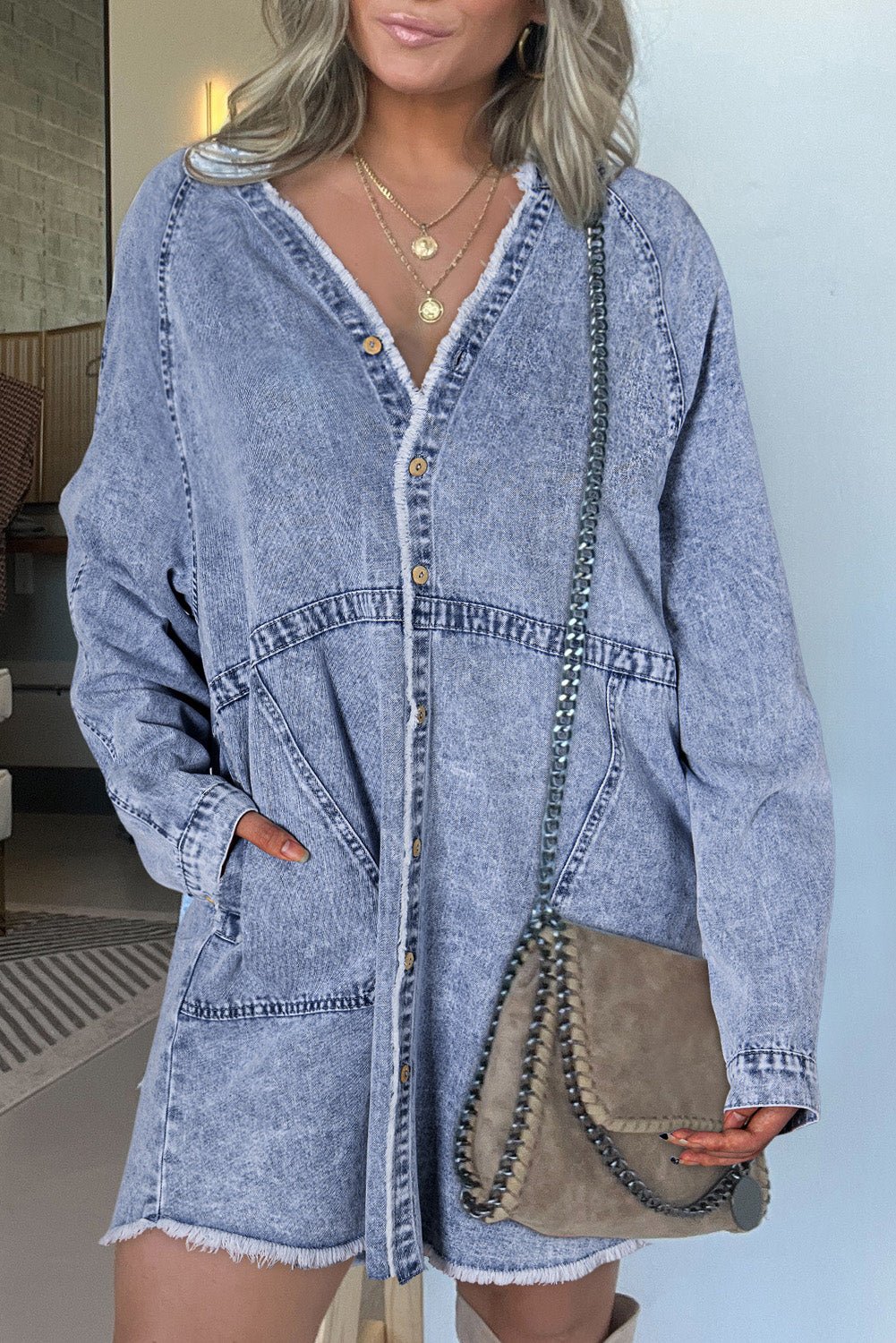 Beau Blue Mineral Wash Long Sleeve Button Up Raw Hem Pocketed Denim Dress - Naughty Girl Essentials