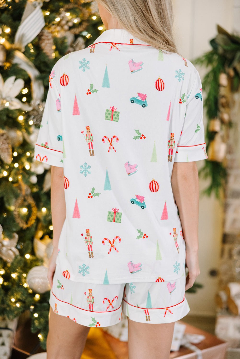 White Christmas Print Short Sleeve Shirt and Shorts Pajama Set - Naughty Girl Essentials
