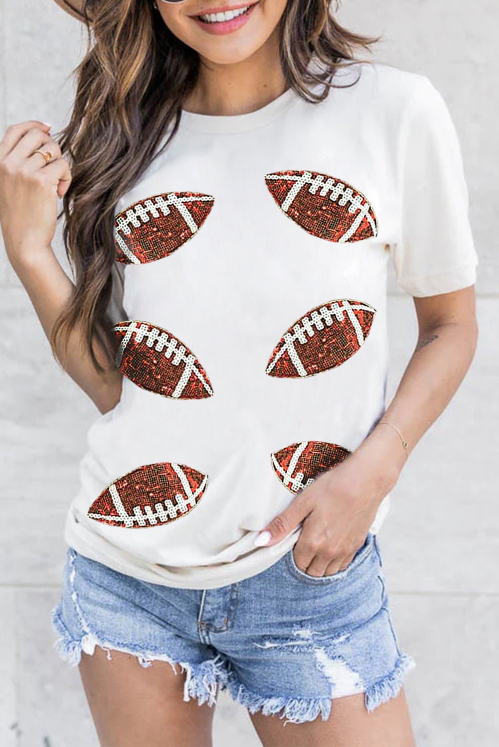 White Sequined Rugby Football Graphic Cotton T Shirt - Naughty Girl Essentials
