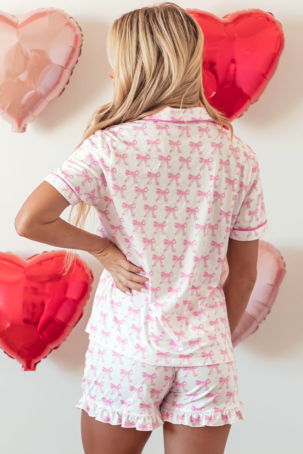Pink Bowknot Printed Short Sleeve and Ruffled Shorts Pajama Set - Naughty Girl Essentials