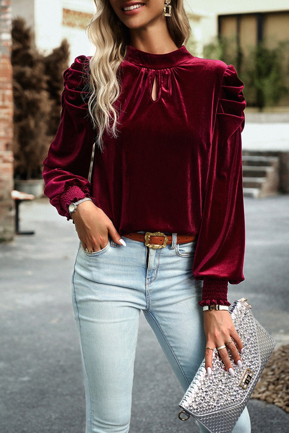 Fiery Red Mock Neck Puff Sleeve Velvet Blouse - Naughty Girl Essentials