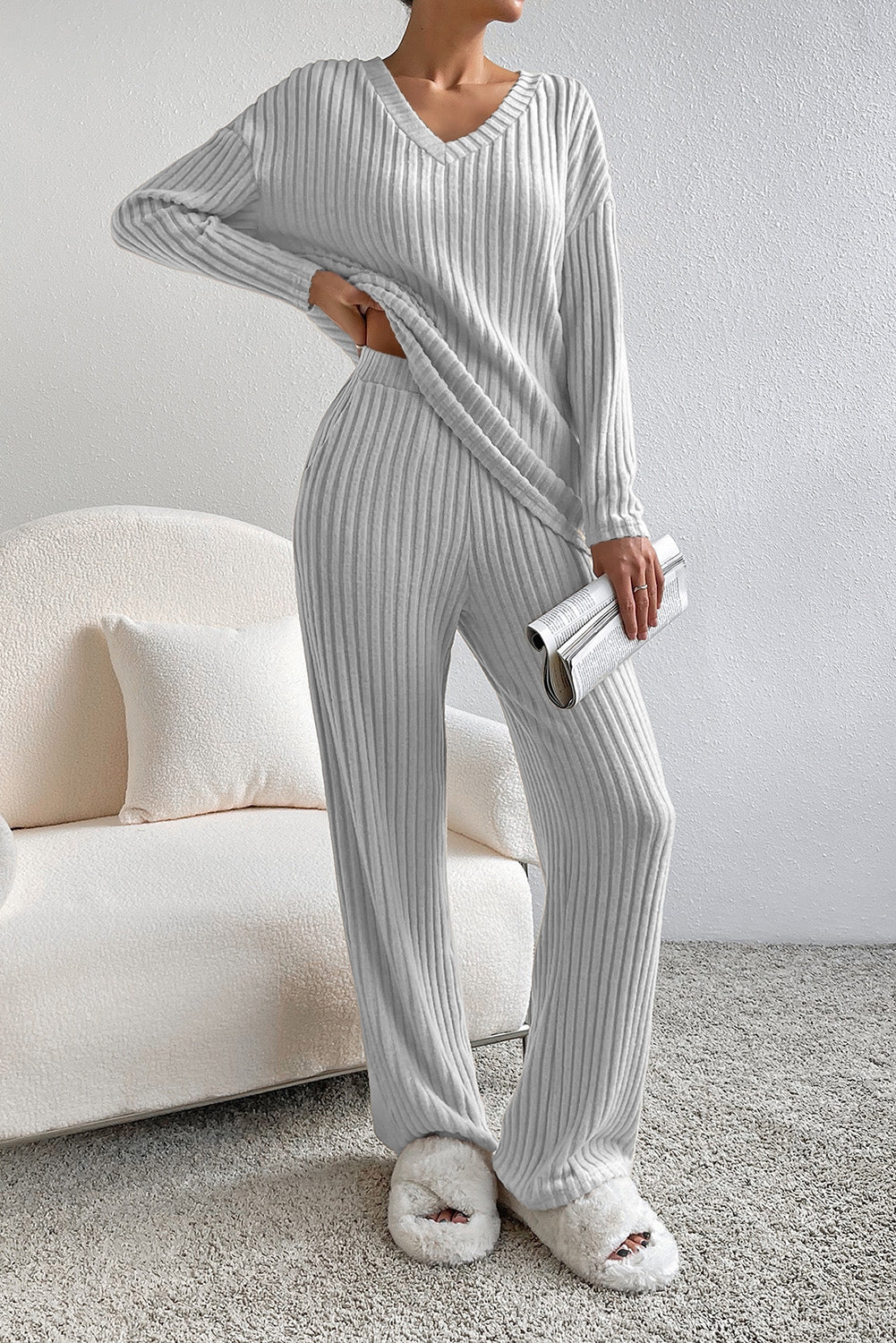 Light Grey Ribbed Knit V Neck Slouchy Two - piece Outfit - Naughty Girl Essentials