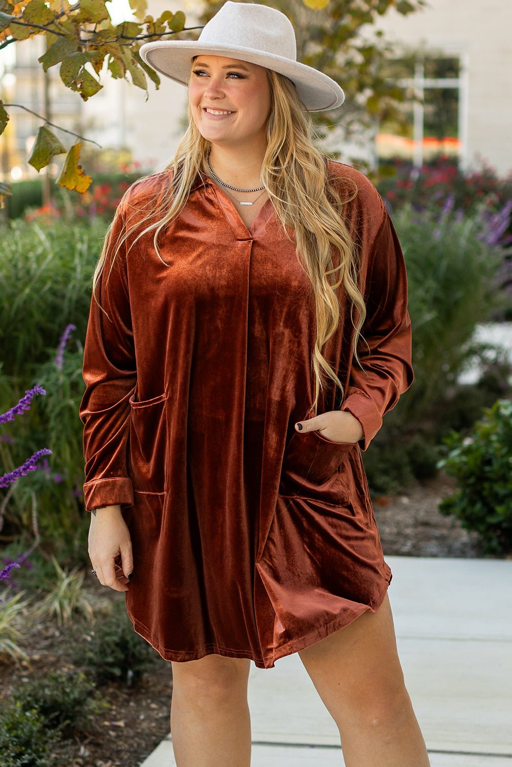 Coffee Plus Size V Neck Collared Pleated Back Rounded Hem Velvet Dress - Naughty Girl Essentials