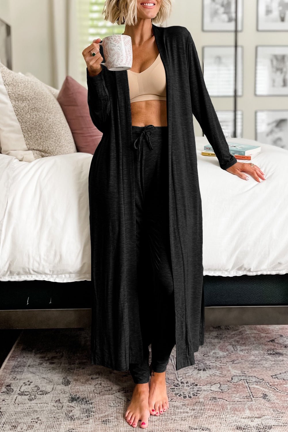 Black Split Long Cardigan and Skinny Pants Lounge Set - Naughty Girl Essentials