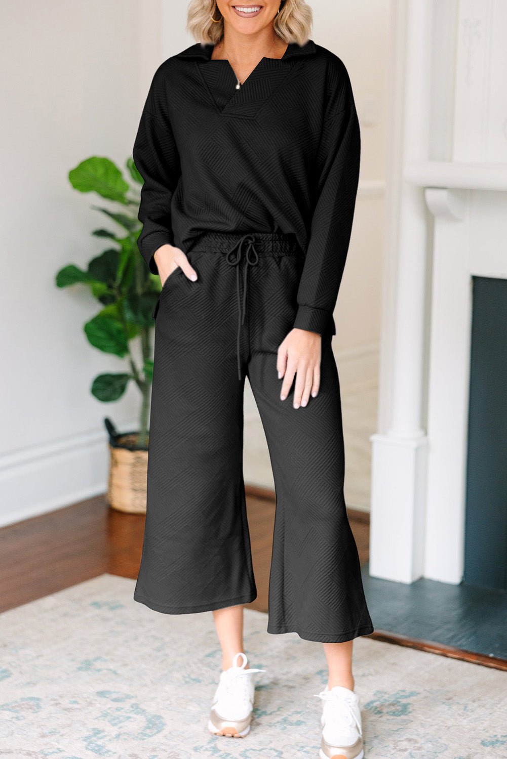 Black Solid Textured Collared V Neck Top and Wide Leg Pants Set - Naughty Girl Essentials