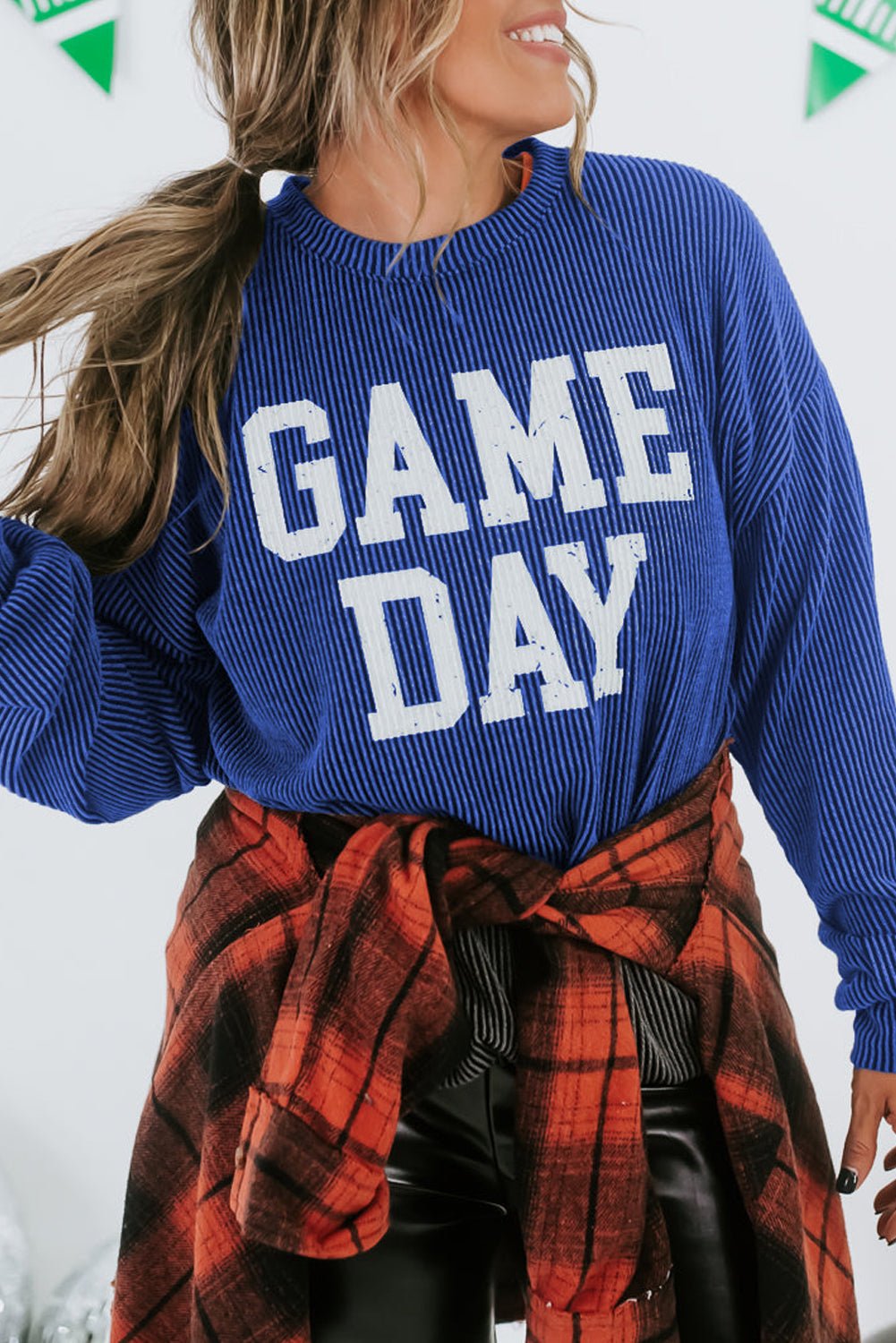 Bluing Corded GAME DAY Graphic Long Sleeve Crewneck Top - Naughty Girl Essentials