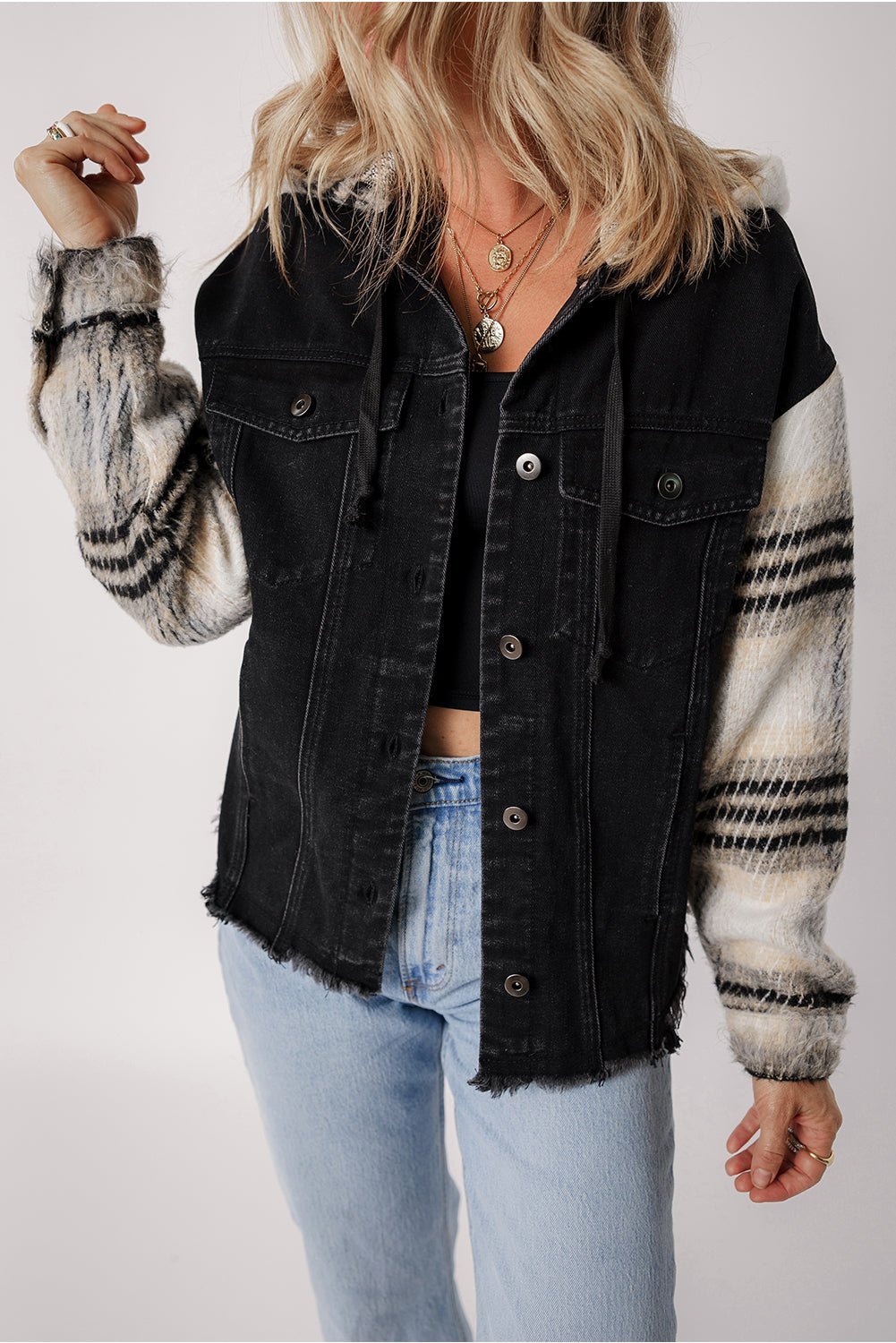 Black Plaid Sleeve Frayed Hem Hooded Denim Jacket - Naughty Girl Essentials