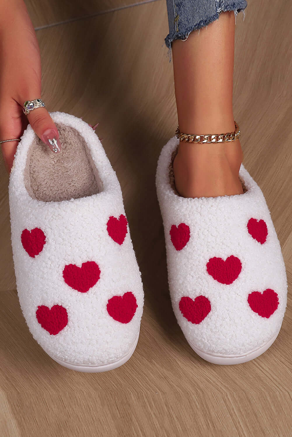 White Valentines Day Hearts Print Plush House Slippers - Naughty Girl Essentials