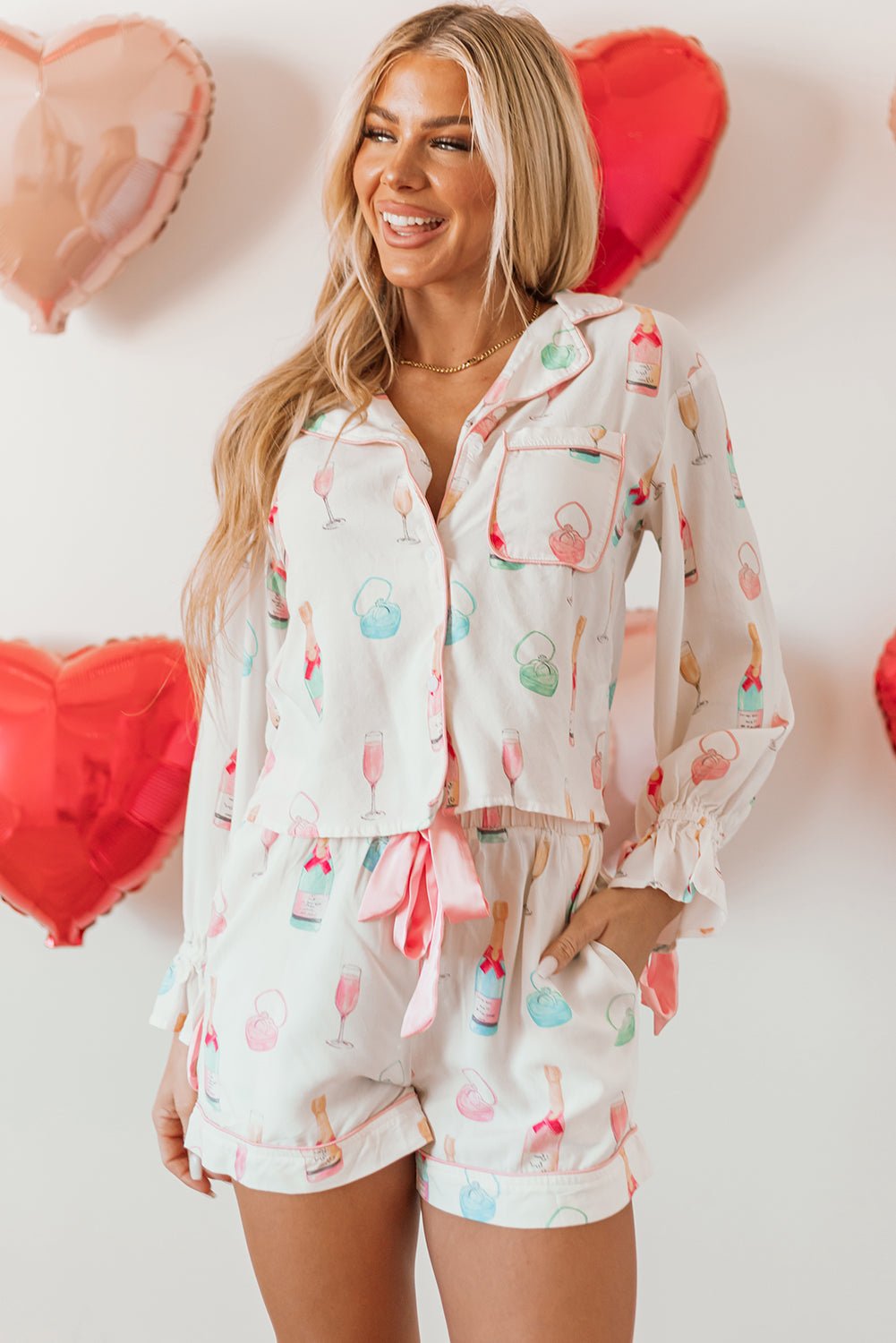 White Christmas Wine Glass Print Bow Knot Two Piece Pajama Set - Naughty Girl Essentials