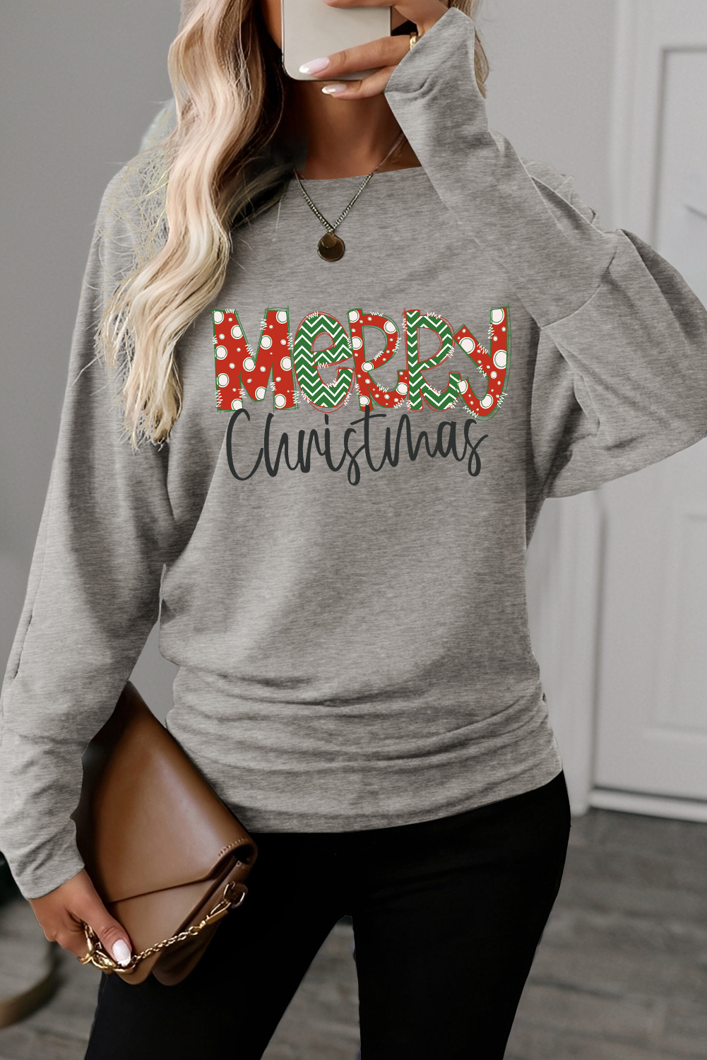 Light Grey “Merry Christmas” Graphic Dolman Long Sleeve Top
