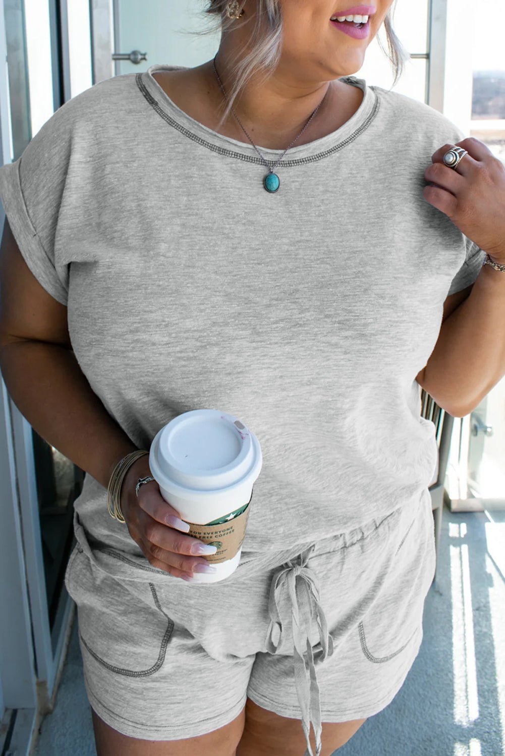 Gray Contrast Stitching Cuffed Sleeve Plus Shorts Set - Naughty Girl Essentials