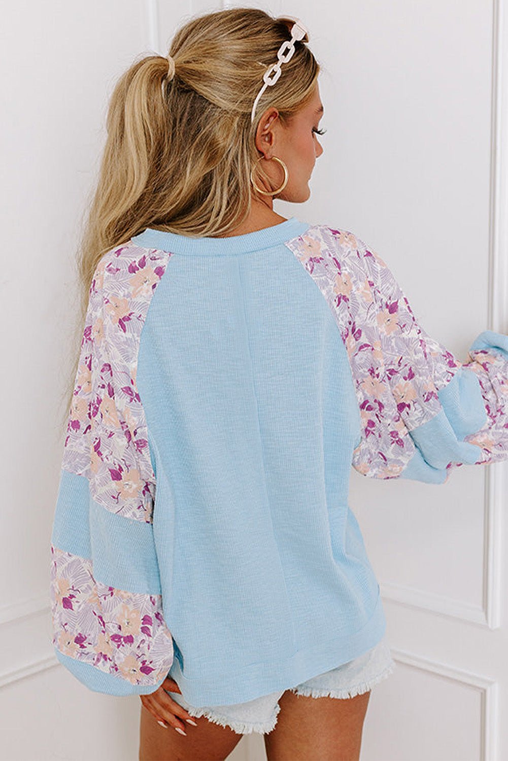 Beau Blue Textured Floral Patchwork Balloon Sleeve Blouse - Naughty Girl Essentials
