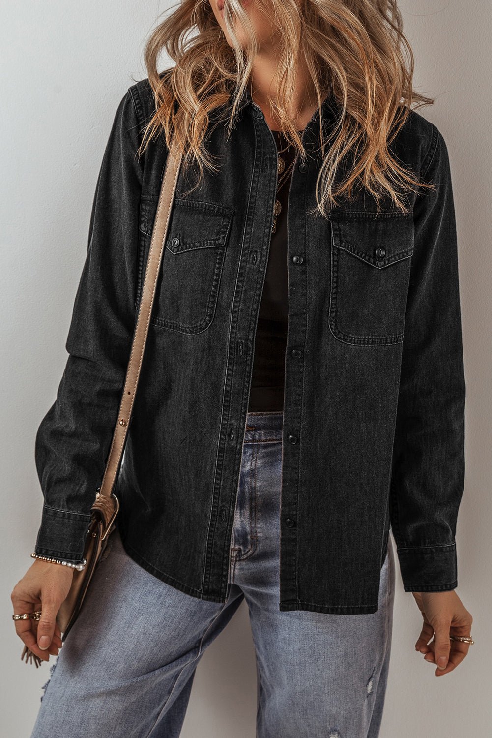 Black Flap Pocket Buttons Collared Jean Jacket - Naughty Girl Essentials