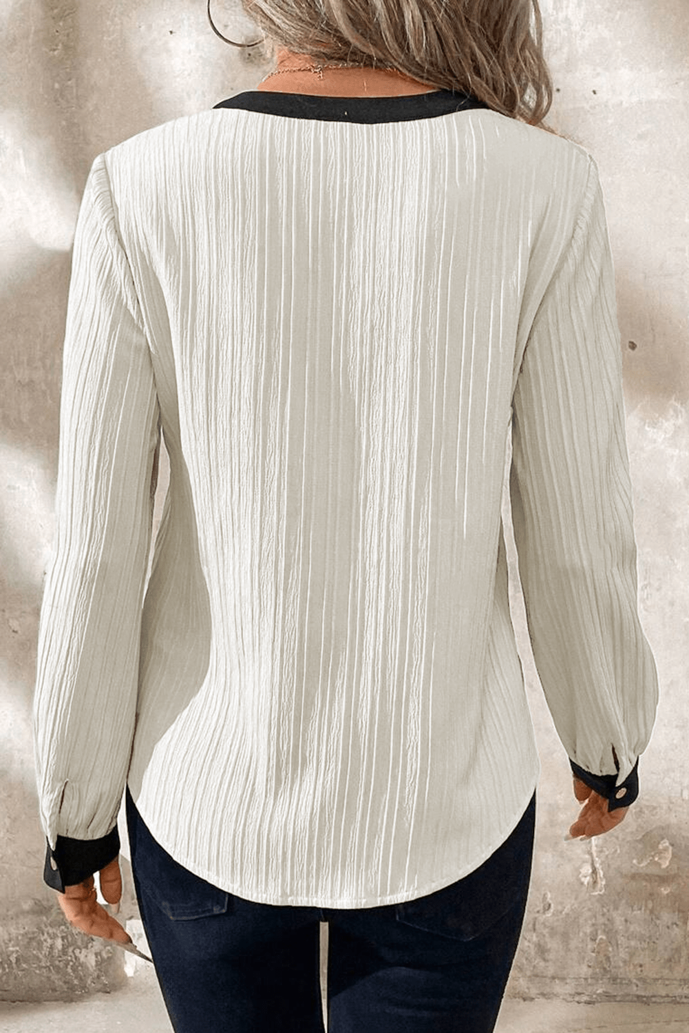 White Textured Colorblock V Neck Elegant Blouse - Naughty Girl Essentials