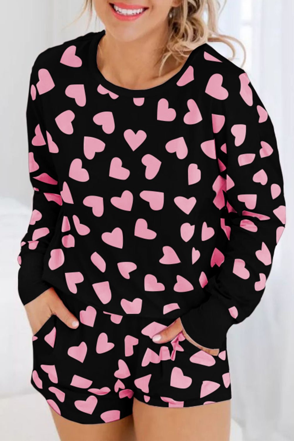 Black Valentine Heart Shape Print Long Sleeve Top Shorts Lounge Set - Naughty Girl Essentials