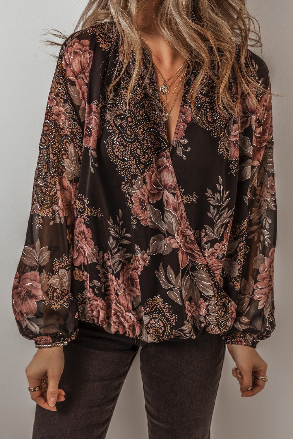 Black Floral Print Criss Cross V Neck Balloon Sleeve Blouse - Naughty Girl Essentials