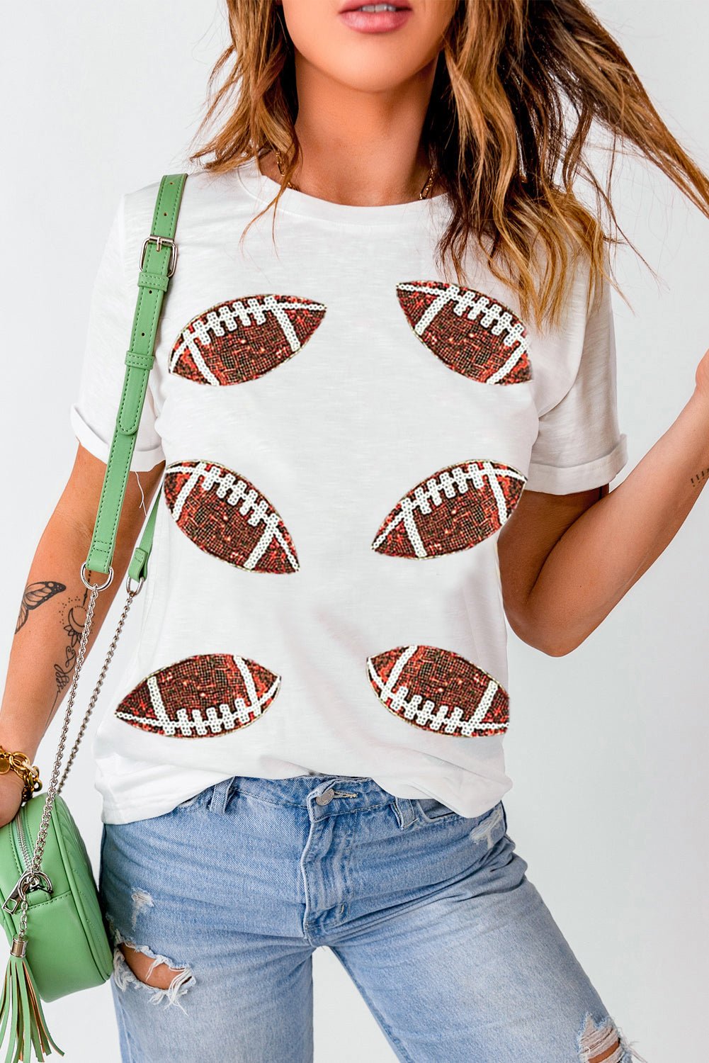 White Sequined Rugby Football Graphic Cotton T Shirt - Naughty Girl Essentials