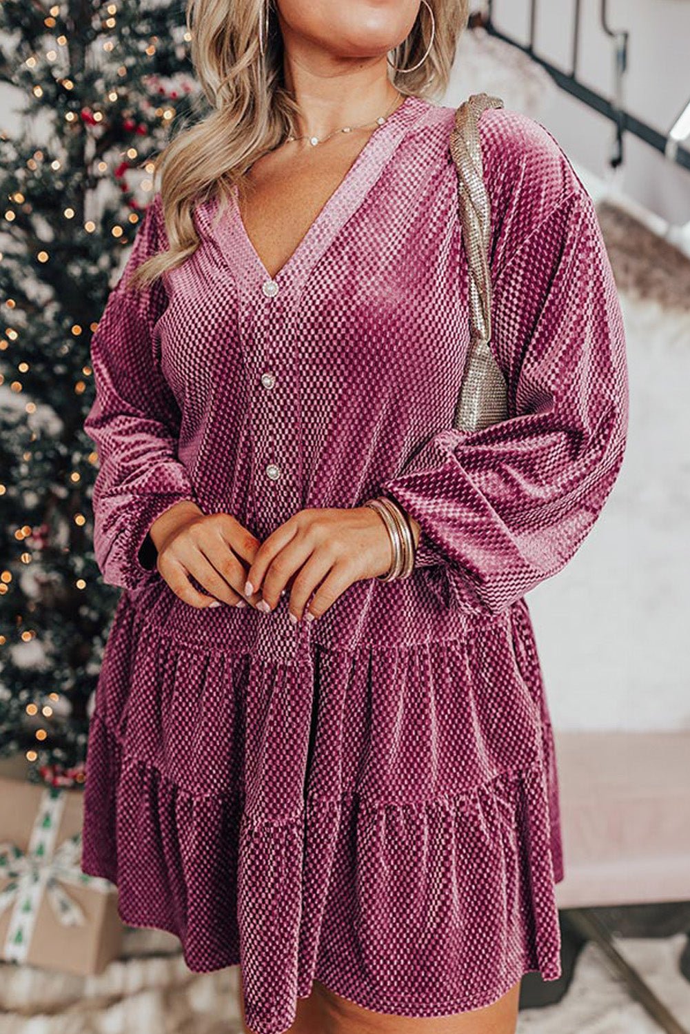 Meadow Mauve Plus Size Textured Velvet Tiered Buttons Tiered Dress - Naughty Girl Essentials