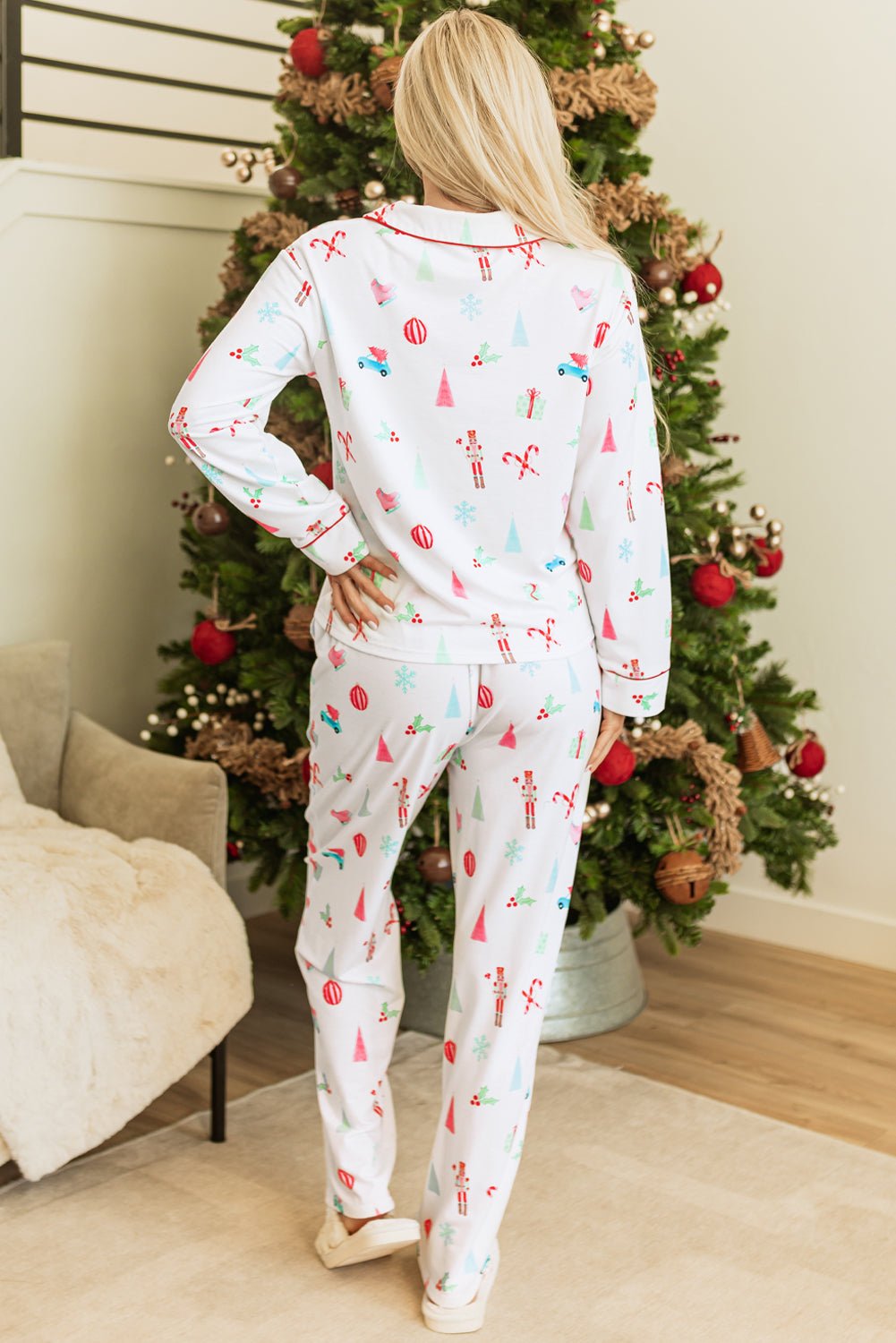 White Christmas Print Lapel Shirt and Pants Sleepwear - Naughty Girl Essentials
