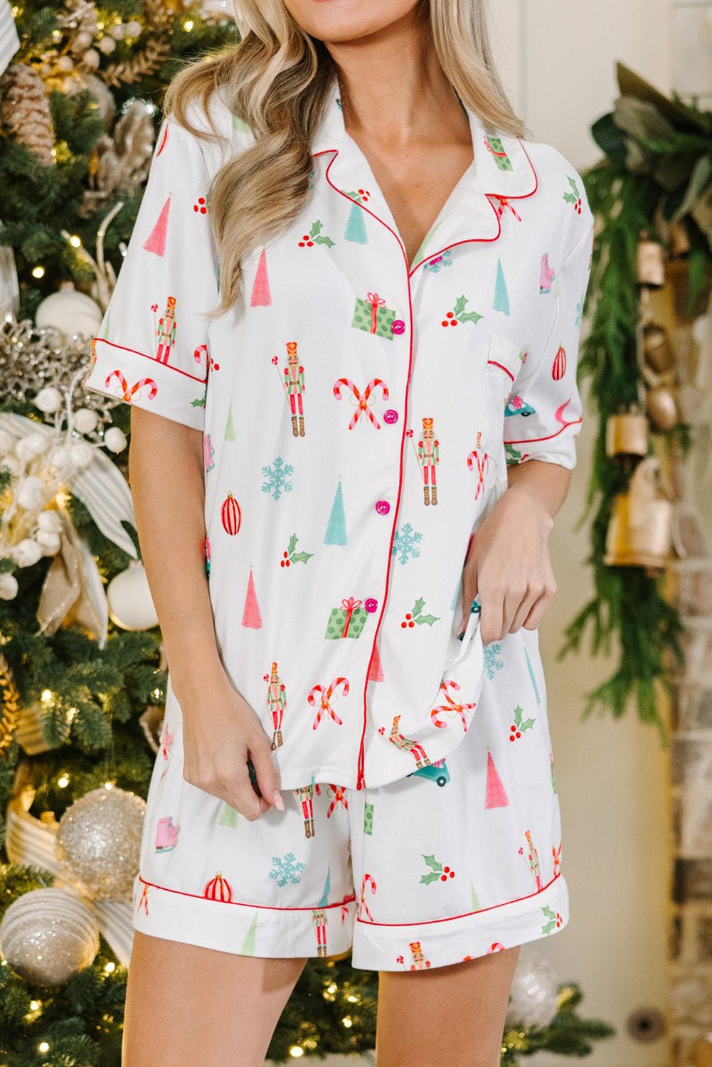 White Christmas Print Short Sleeve Shirt and Shorts Pajama Set - Naughty Girl Essentials
