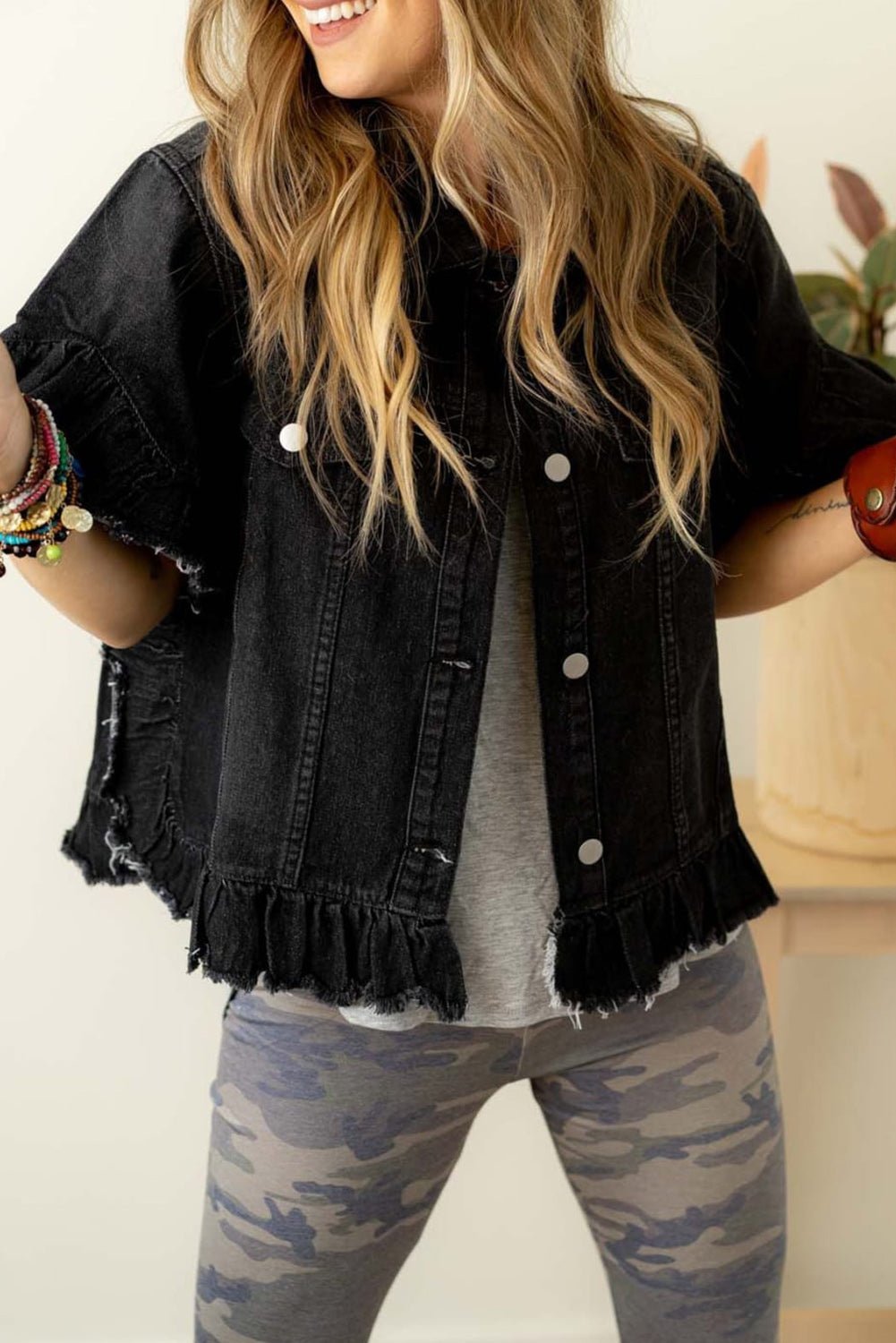 Black Raw Edge Ruffled Short Sleeve Denim Jacket - Naughty Girl Essentials