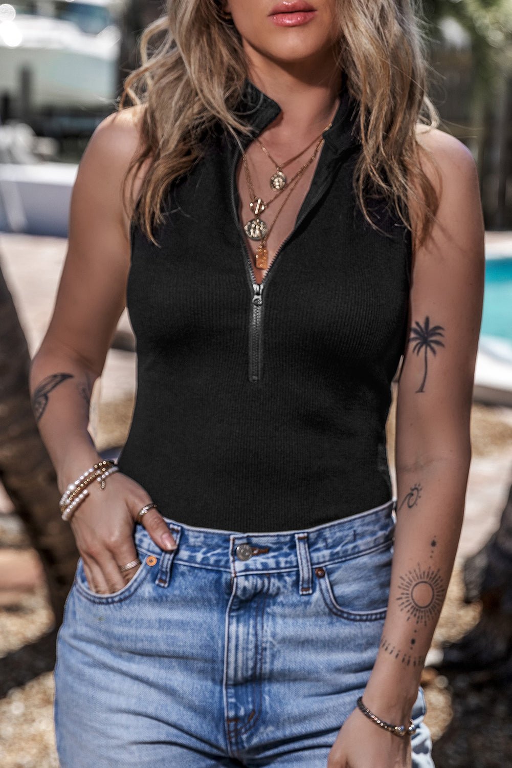 Black Zip up Mock Neck Ribbed Sleeveless Bodysuit - Naughty Girl Essentials