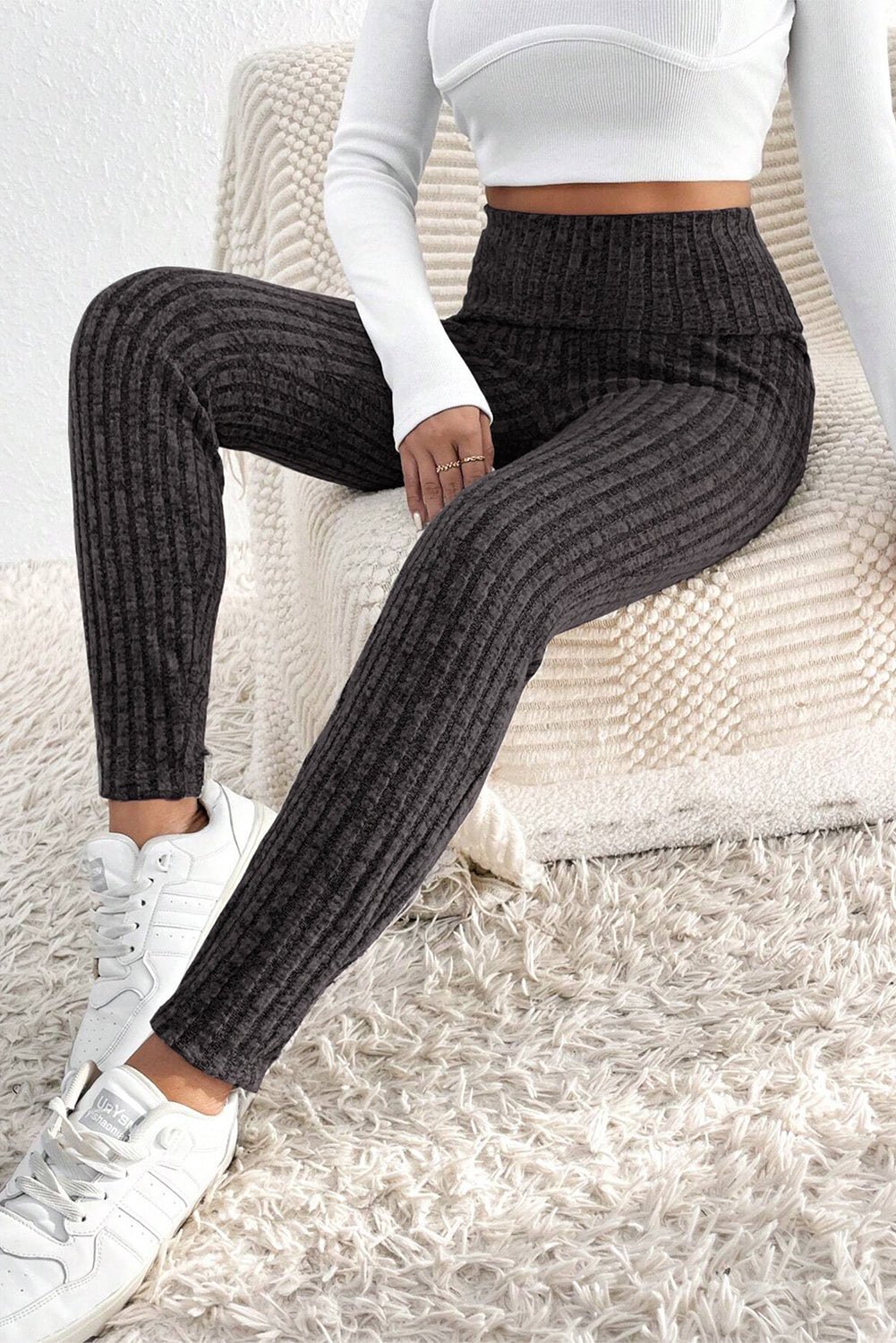 Dark Grey Wide Waistband Ribbed Textured Knit Leggings - Naughty Girl Essentials