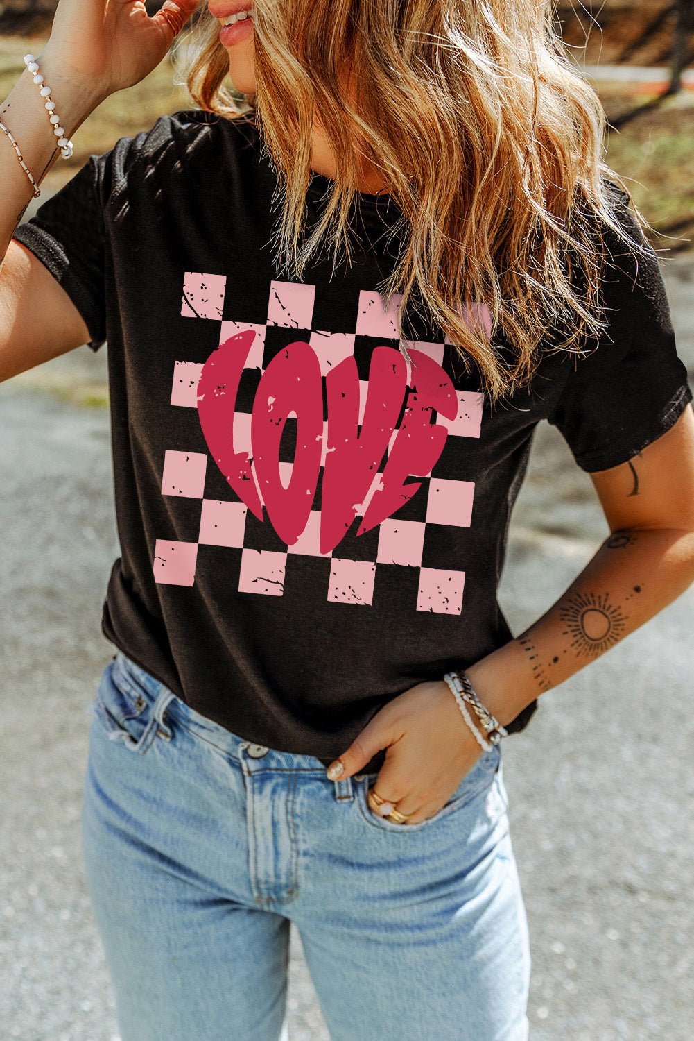 Black LOVE Checkered Graphic Valentine Tee - Naughty Girl Essentials
