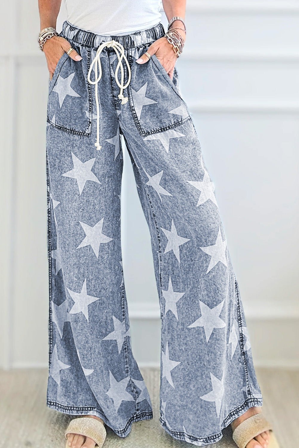 Light Blue Star Print Light Wash Drawstring High Waist Wide Leg Jeans - Naughty Girl Essentials