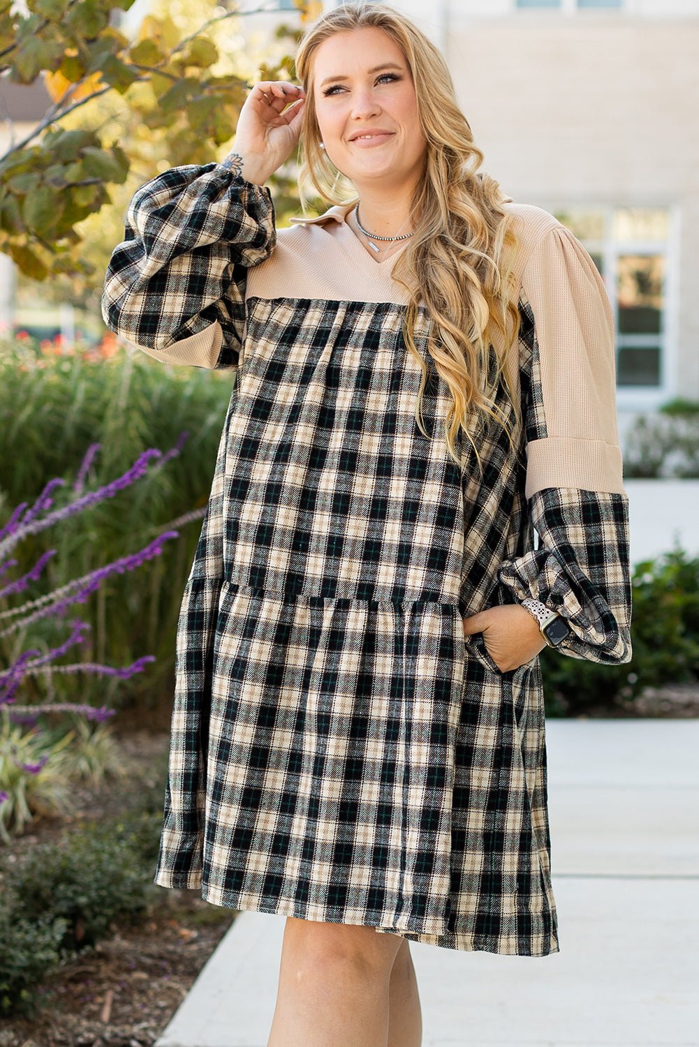 Black Plaid Waffle Knit Patchwork Collared V Neck Plus Size Mini Dress - Naughty Girl Essentials