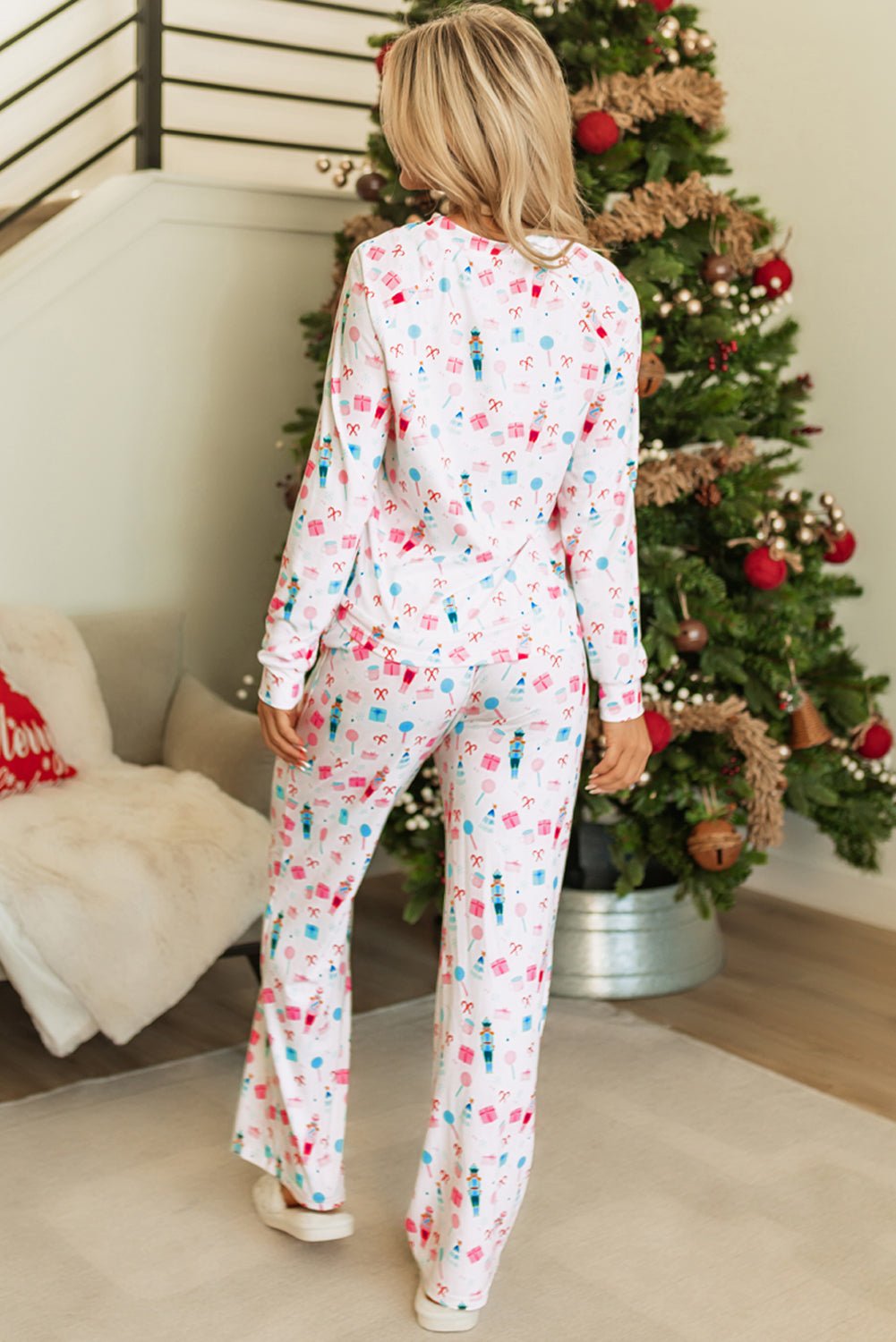 White Christmas Pattern Long Sleeve Top and Wide Leg Pants Set - Naughty Girl Essentials