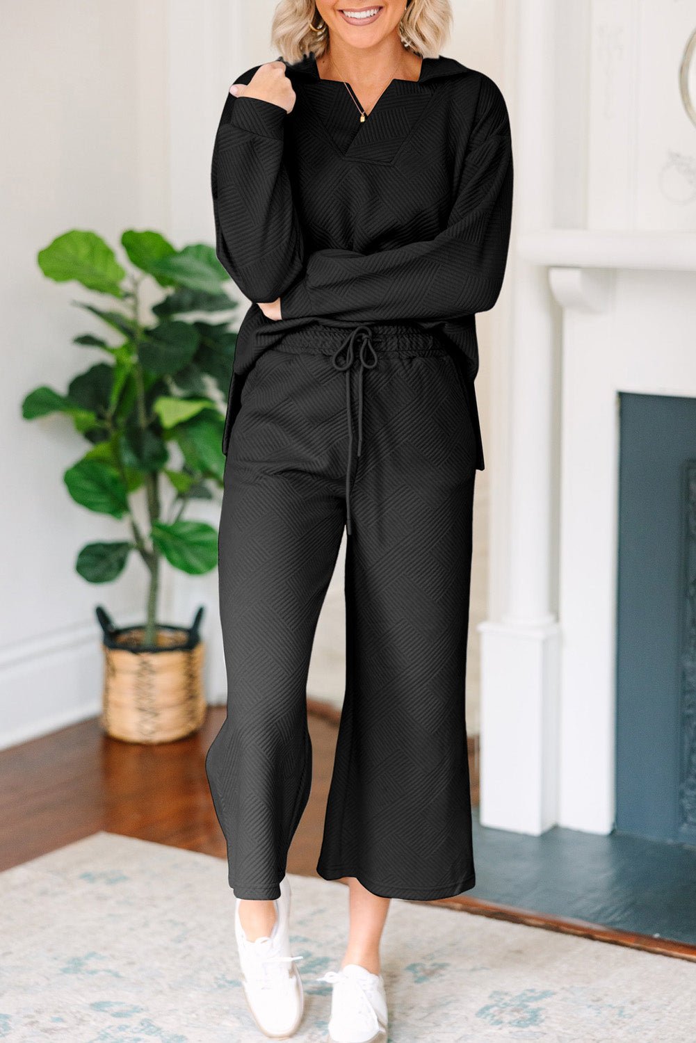Black Solid Textured Collared V Neck Top and Wide Leg Pants Set - Naughty Girl Essentials
