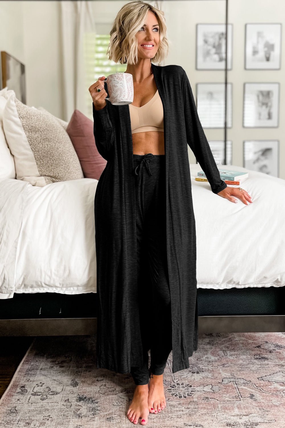Black Split Long Cardigan and Skinny Pants Lounge Set - Naughty Girl Essentials