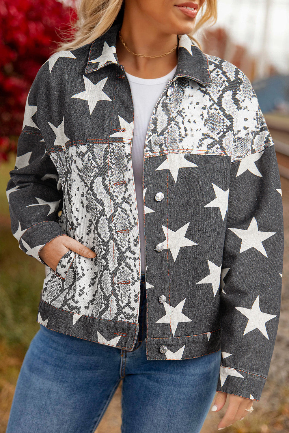 Black Star Snakeskin Printed Patchwork Denim Jacket - Naughty Girl Essentials