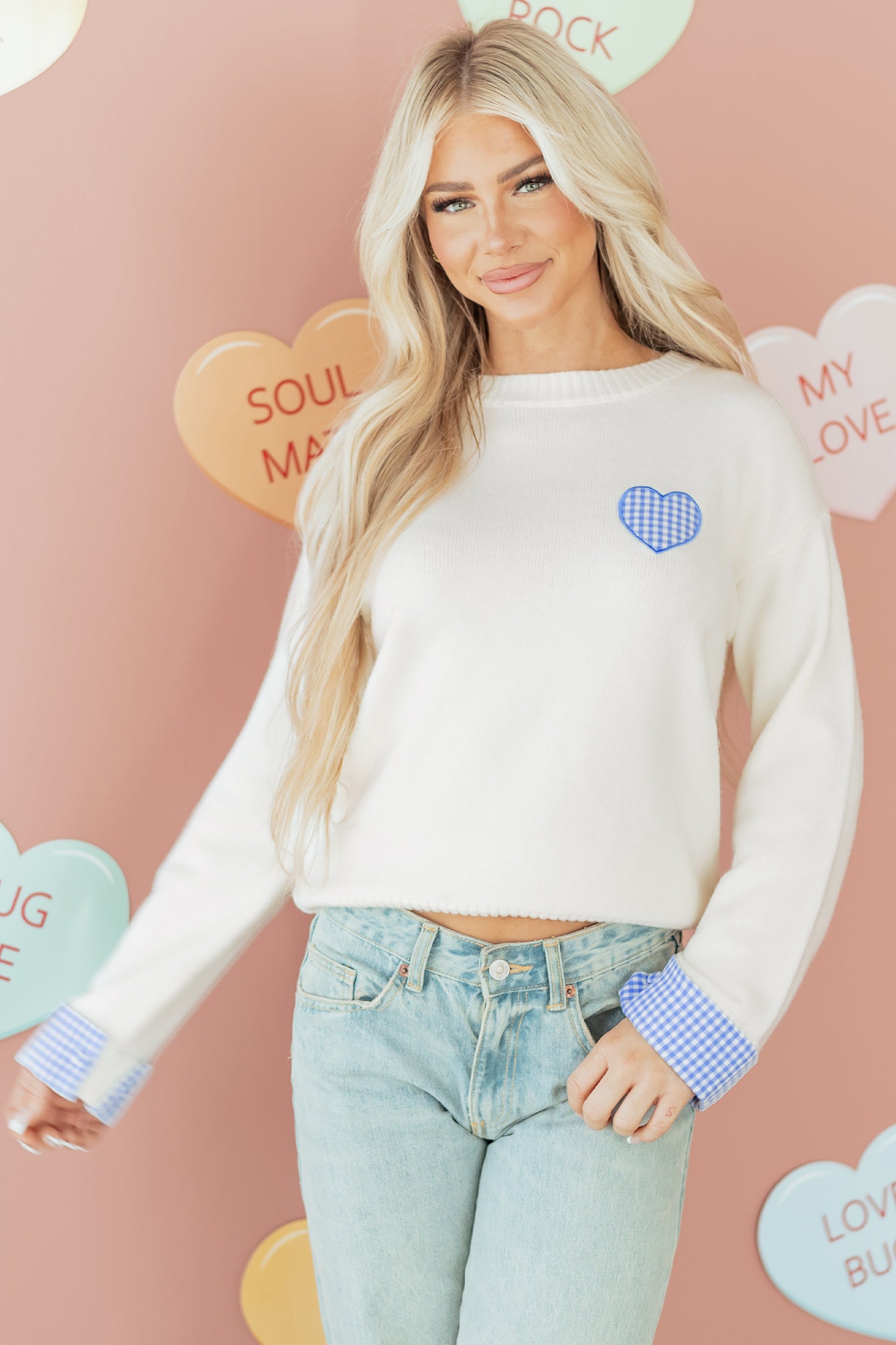 Light Pink Plaid Heart Embroidered Cuffed Drop Shoulder Crew Neck Sweater