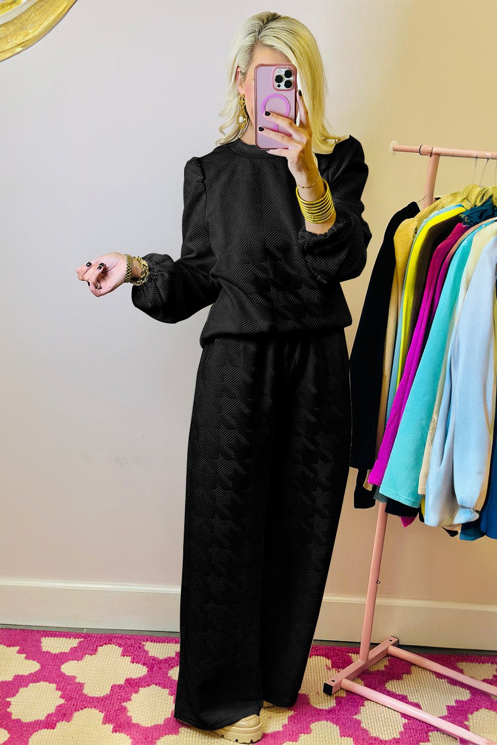 Black Textured Puff Sleeve Top and Pants Set - Naughty Girl Essentials