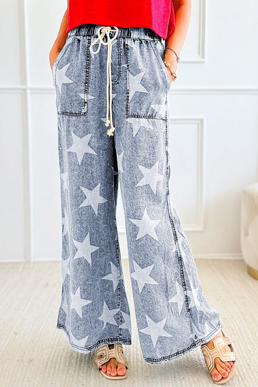 Light Blue Star Print Light Wash Drawstring High Waist Wide Leg Jeans - Naughty Girl Essentials