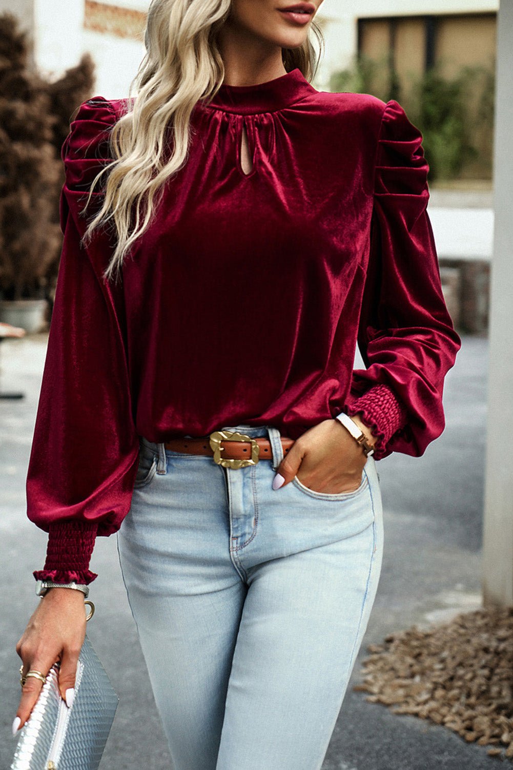 Fiery Red Mock Neck Puff Sleeve Velvet Blouse - Naughty Girl Essentials