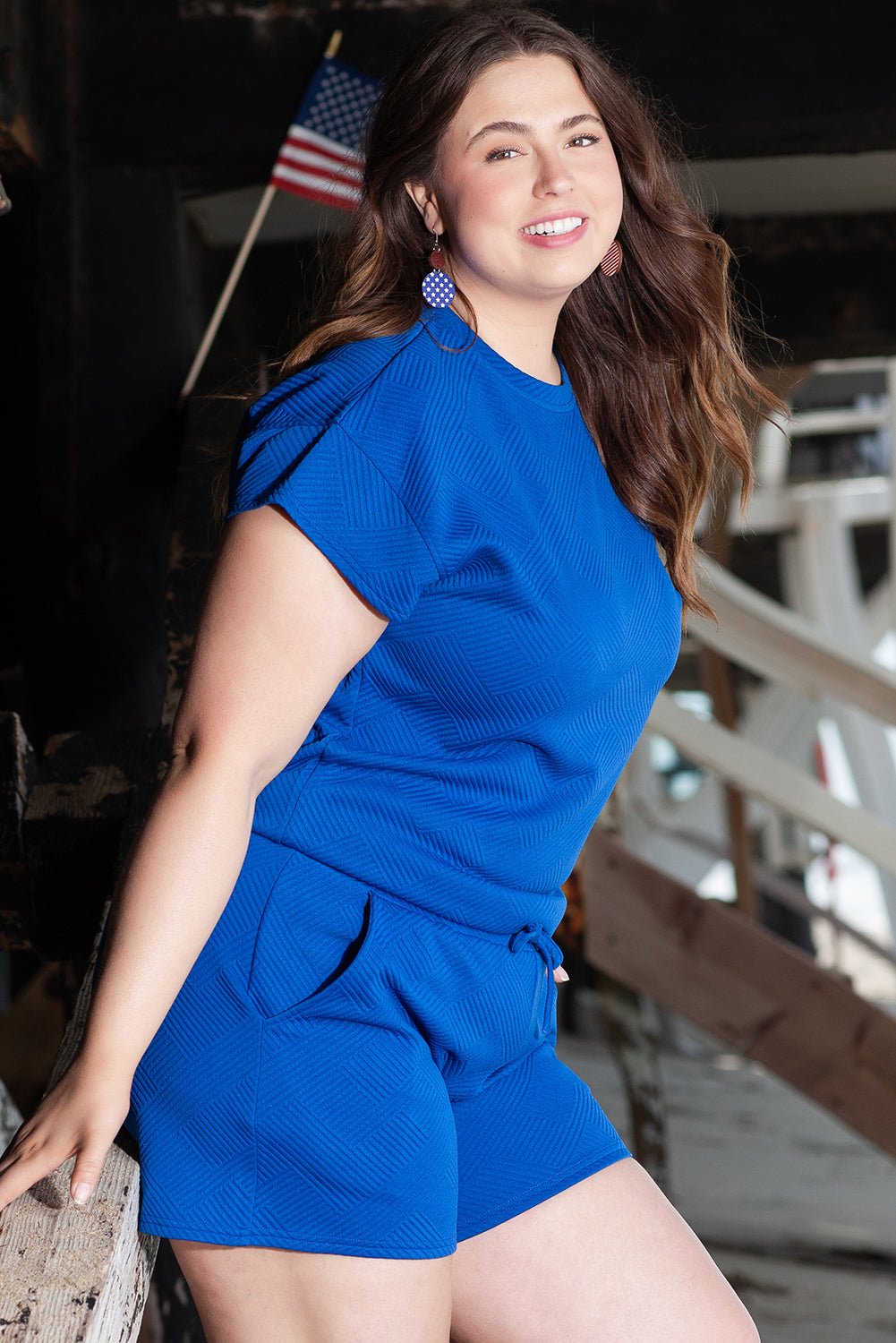 Dark Blue Plus Size Fashion Textured Short 2pcs Outfit - Naughty Girl Essentials