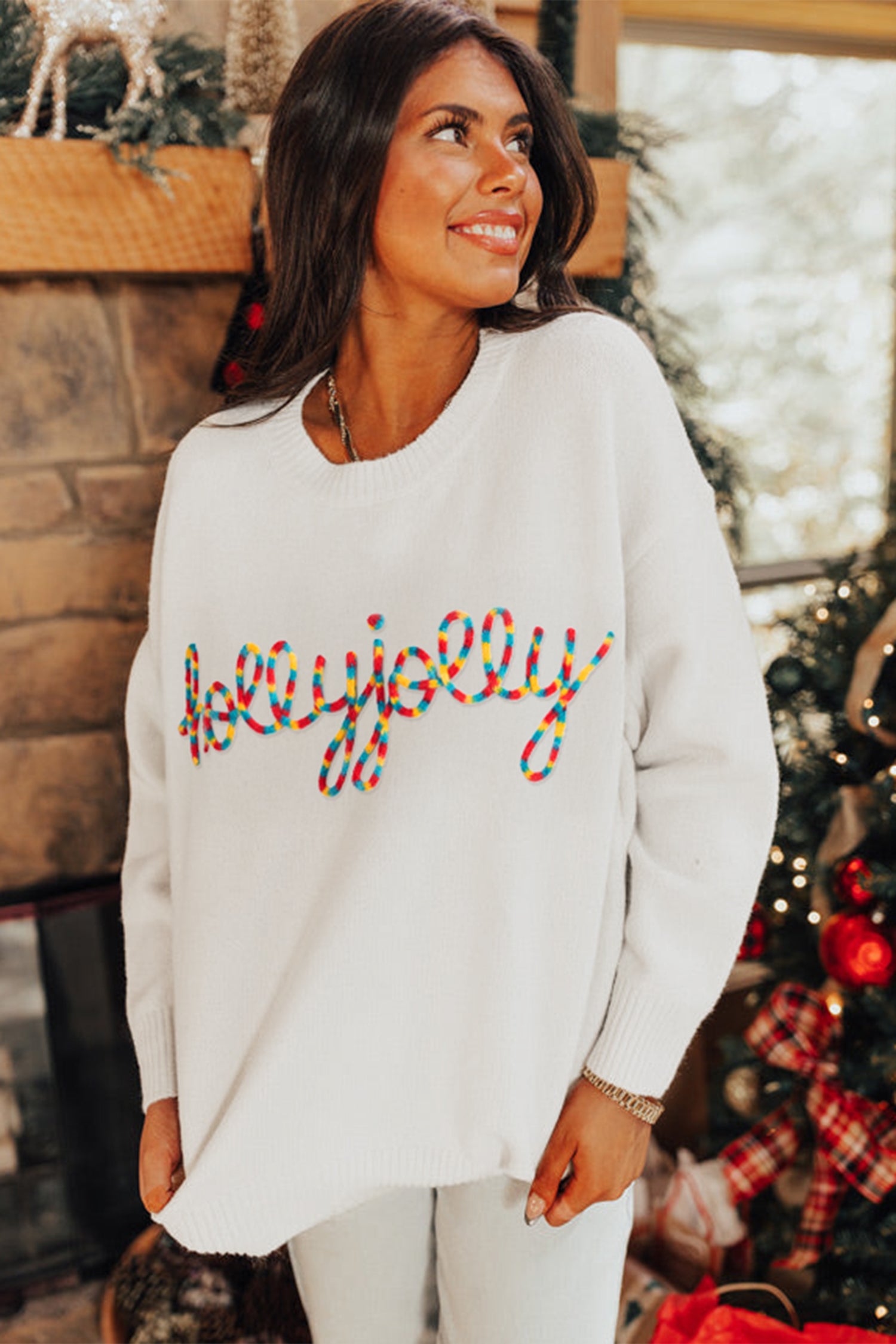 Beige Colorful “Holly Jolly Christmas” Knit Loose Sweater