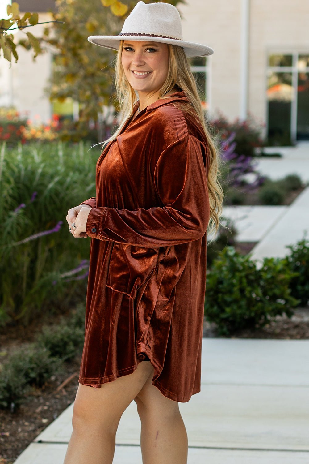 Coffee Plus Size V Neck Collared Pleated Back Rounded Hem Velvet Dress - Naughty Girl Essentials