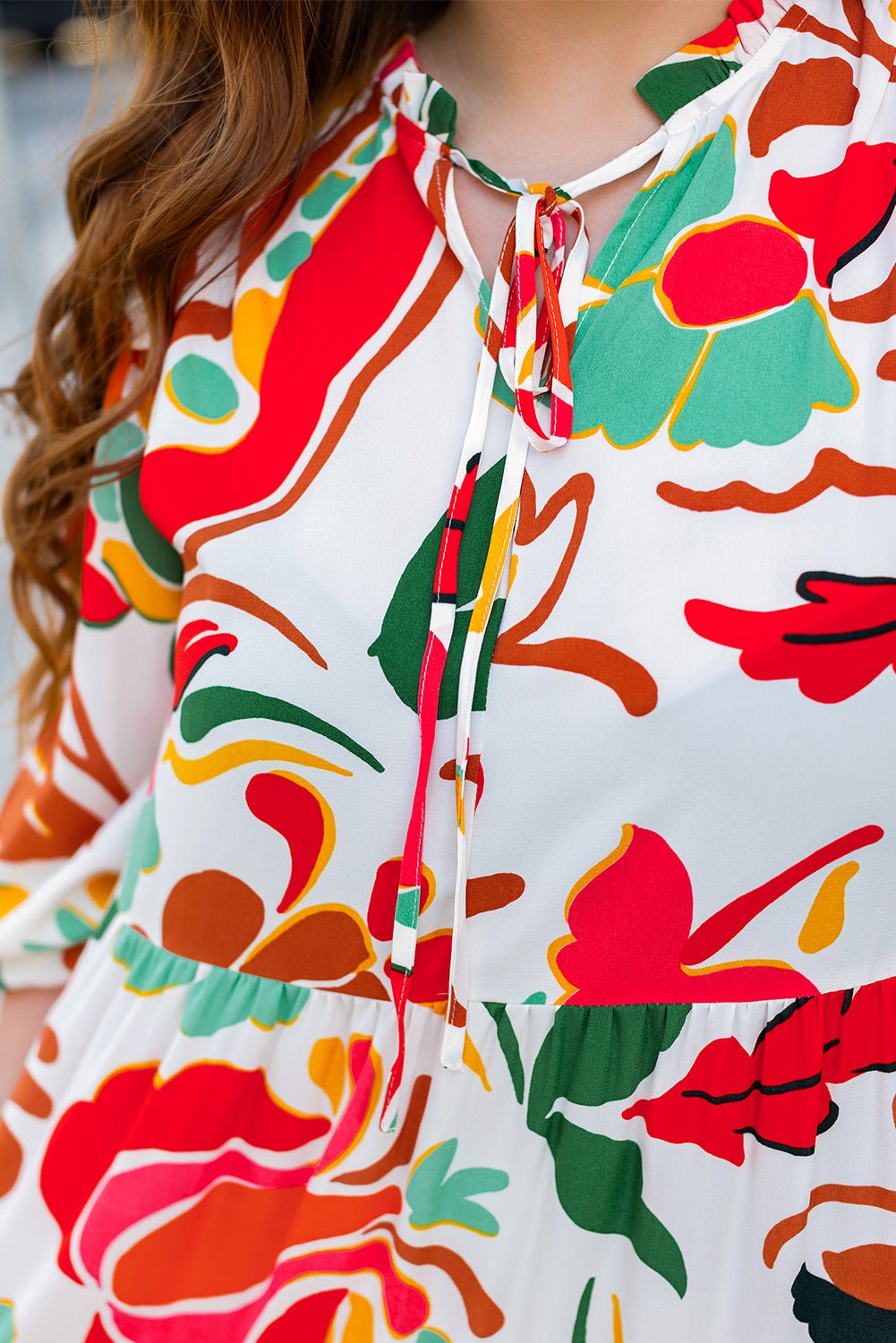 Orange Floral Print Drawstring V Neck Tiered Plus Size Dress - Naughty Girl Essentials