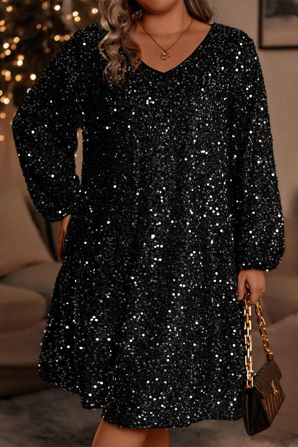 Color black Plus Size Bubble Sleeve V Neck Sequin Dress - Naughty Girl Essentials