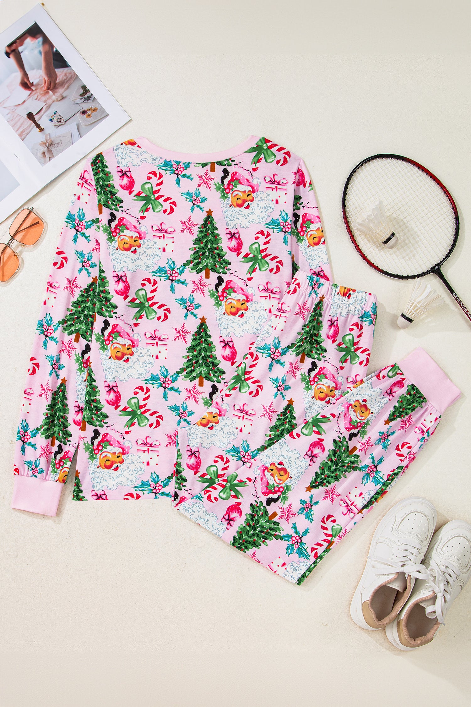 Pink Christmas Pattern Button V-Neck Pullover & Drawstring Pants Lounge Set – 2 Piece