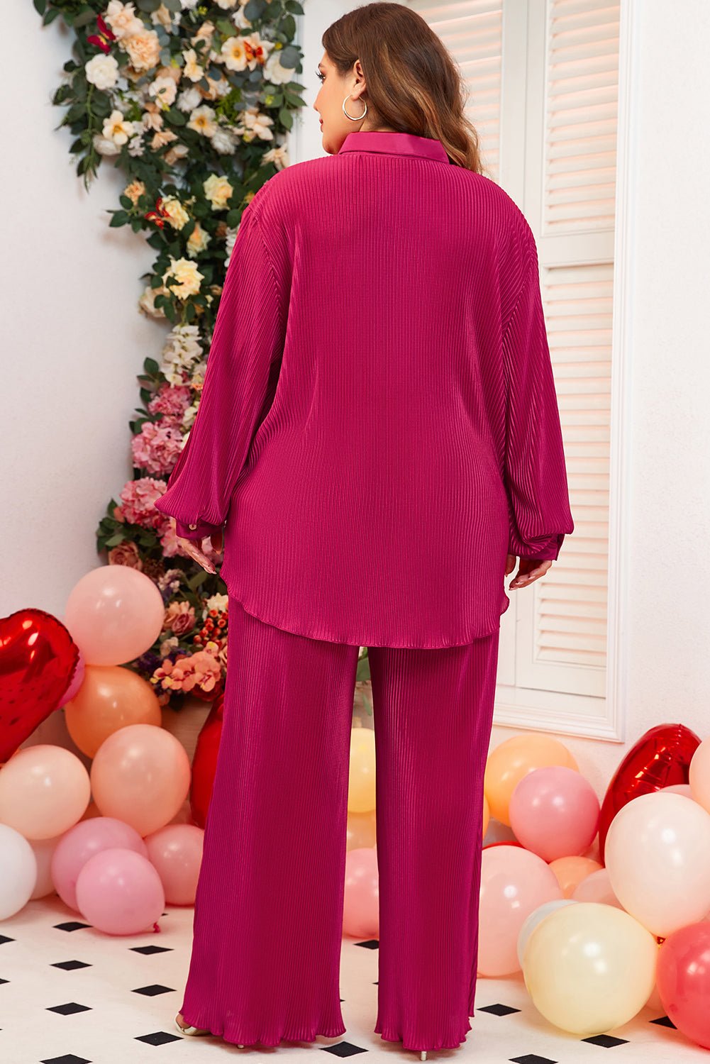 Rose Red Plus Size Ribbed Long Sleeve Shirt and Pants Pajama Set - Naughty Girl Essentials