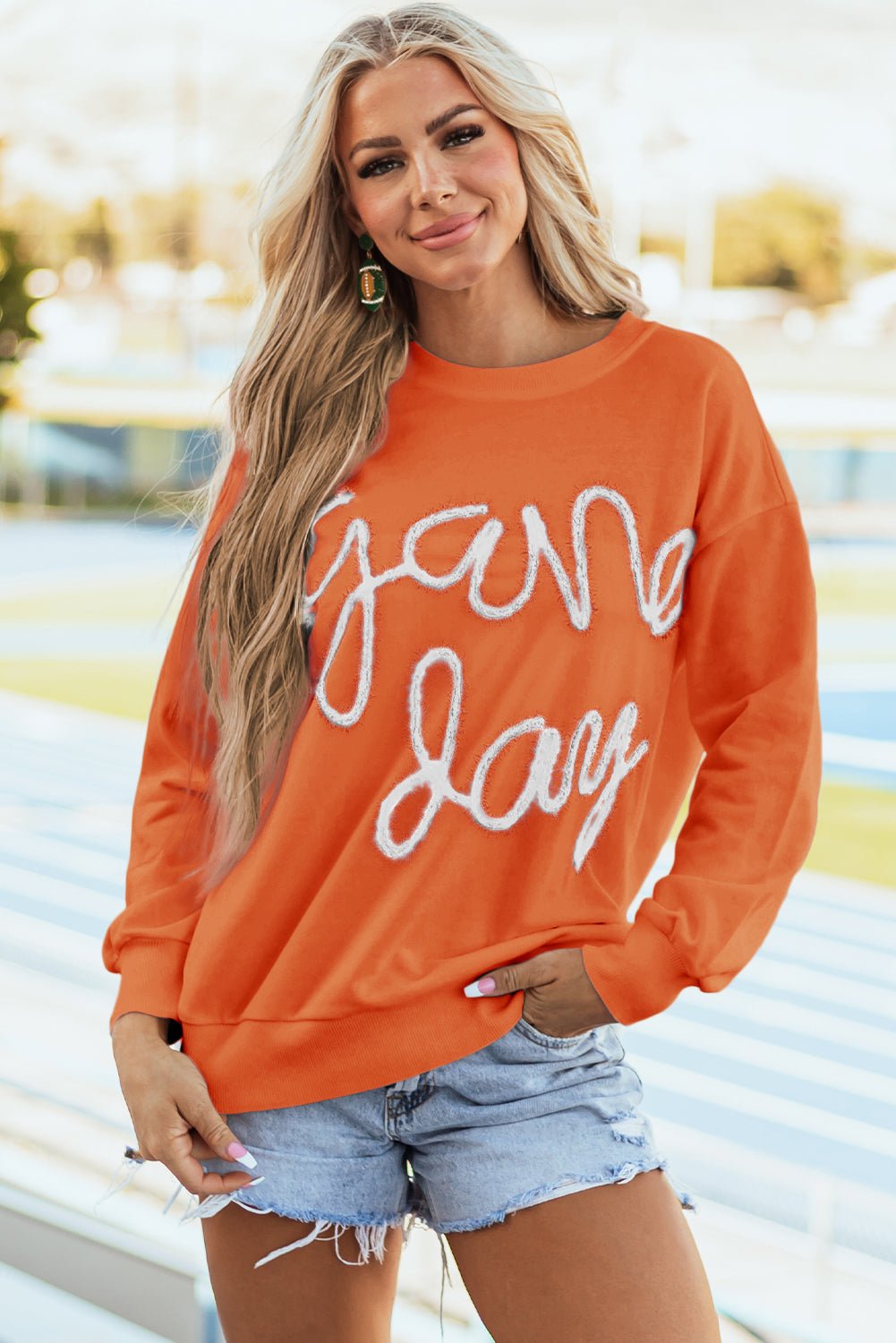 Russet Orange Tinsel Game Day Drop Shoulder Graphic Sweatshirt - Naughty Girl Essentials