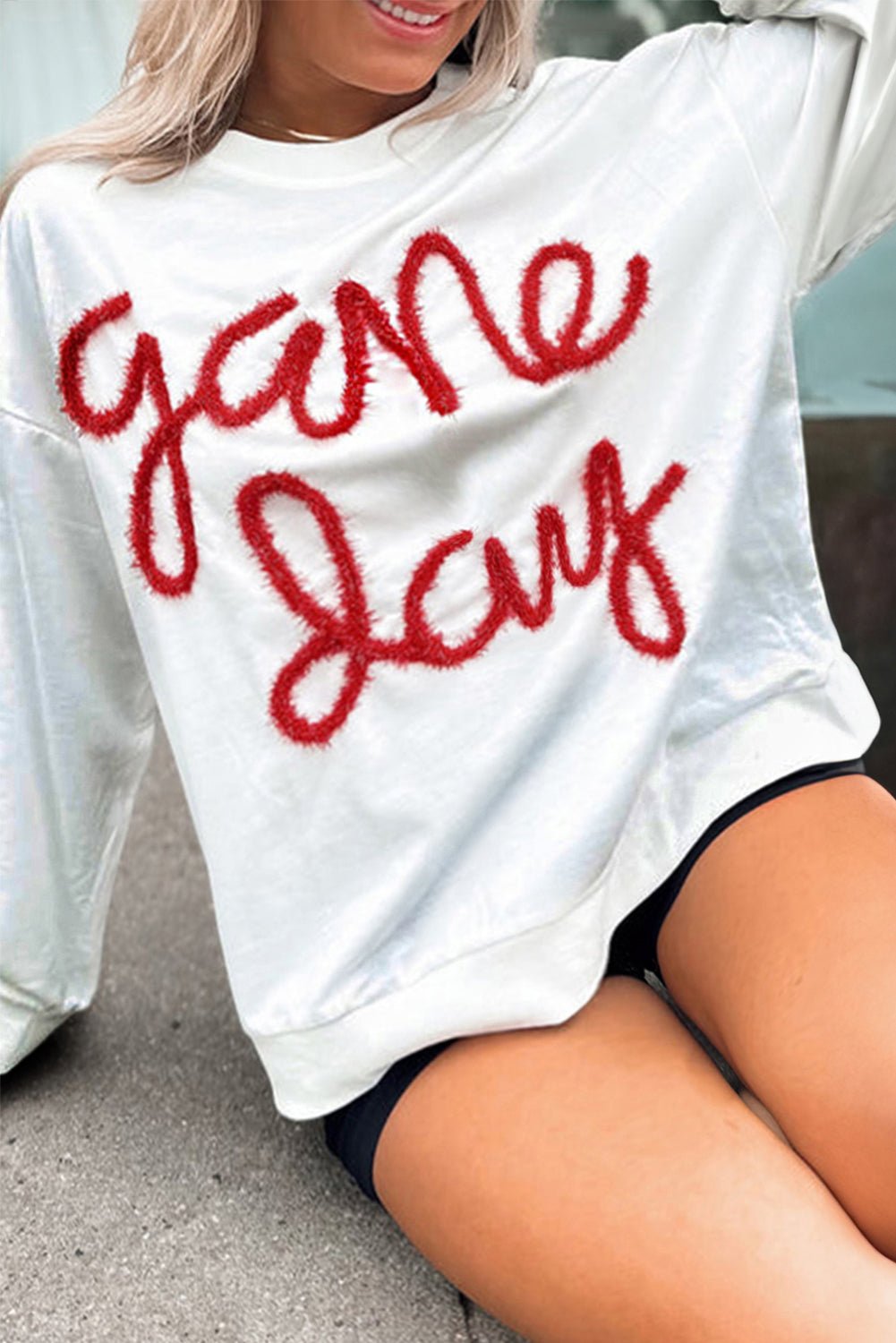 White Plus Size Game Day Tinsel Rugby Football Season Sweatshirt - Naughty Girl Essentials